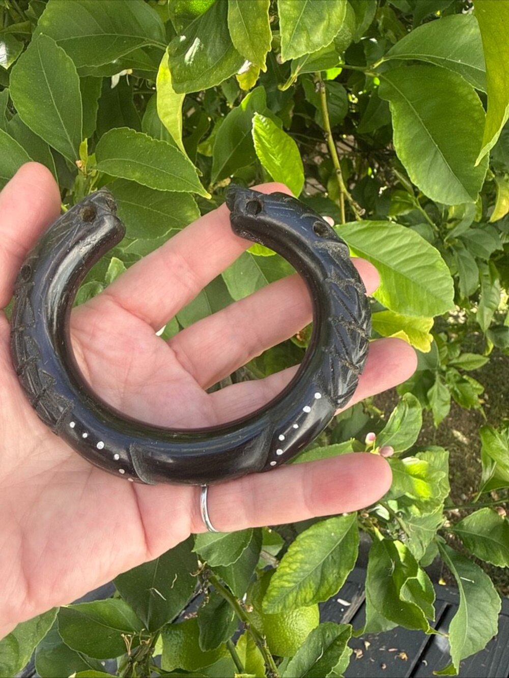 Rare Antique Hand Carved Black Coral Silver Dots Cuff Bracelet Panther (?) Sz L
